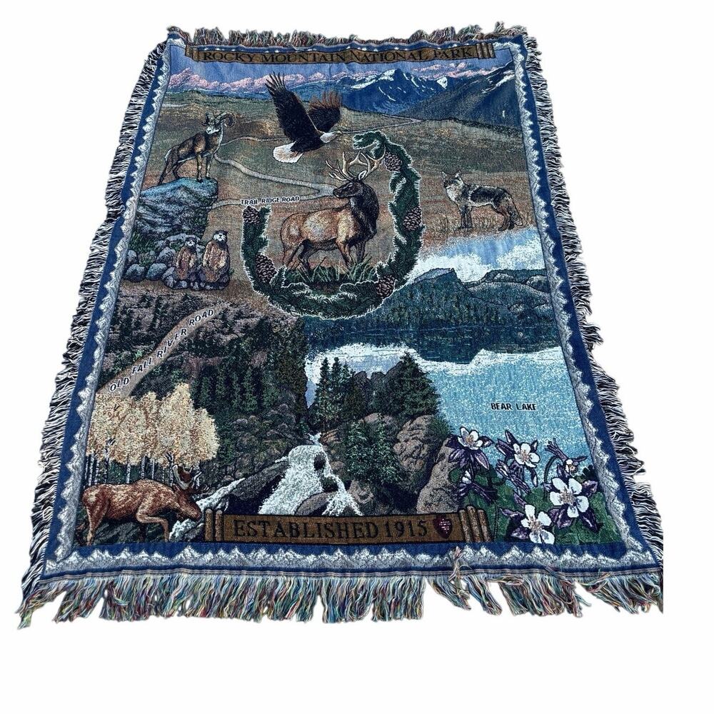 Rocky Mountain National Park tapestry woven throw blanket deer eagle wolf nature